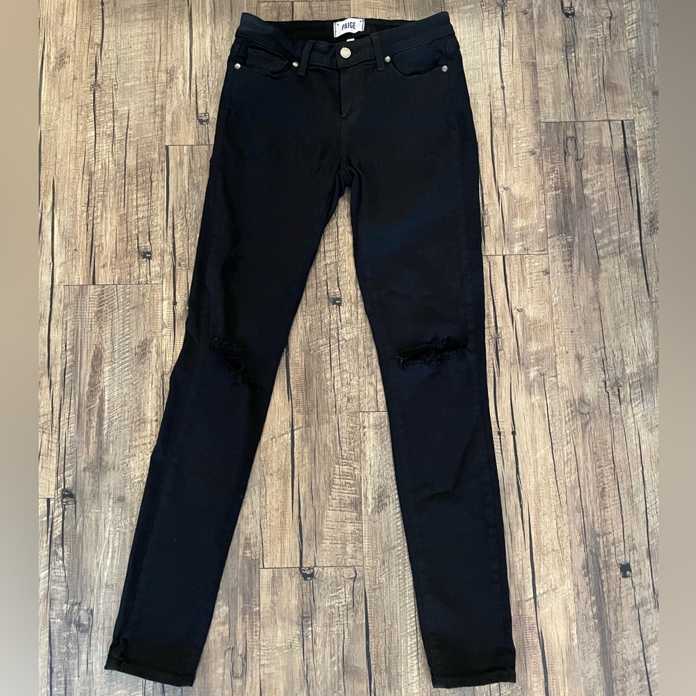 Paige Black Skinny Jeans with Destroyed Knees
